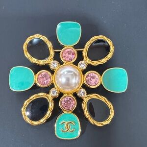 Chanel Gold and Turquoise Brooch with Pink Accents and lab diamonds